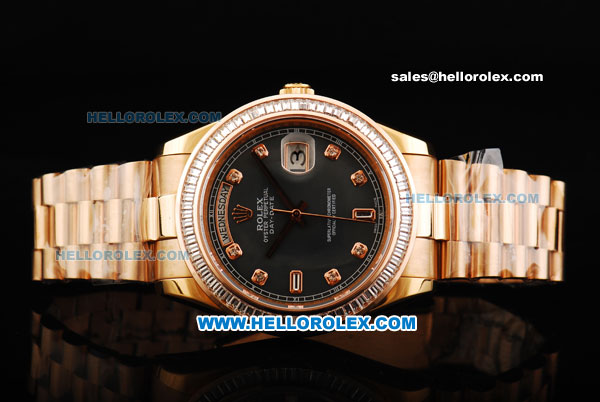 Rolex Day Date II Automatic Movement Full Rose Gold with Diamond Bezel - Diamond Markers and Black MOP Dial - Click Image to Close